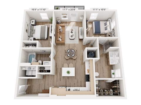 Floor plan for 2 beds, 2 baths, 1070 sqft